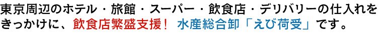 東京周辺のホテル・旅館・スーパー・飲食店・デリバリーの仕入れをきっかけに、飲食店繁盛支援！ 水産総合卸「えび荷受」です。